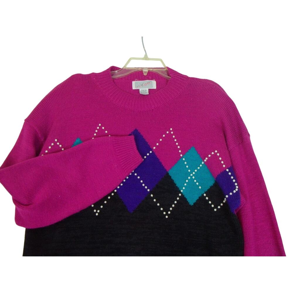 Vintage 90s Y2K Sweater A Little Extra Size 20W Shoulder Pads Argyle Grandma